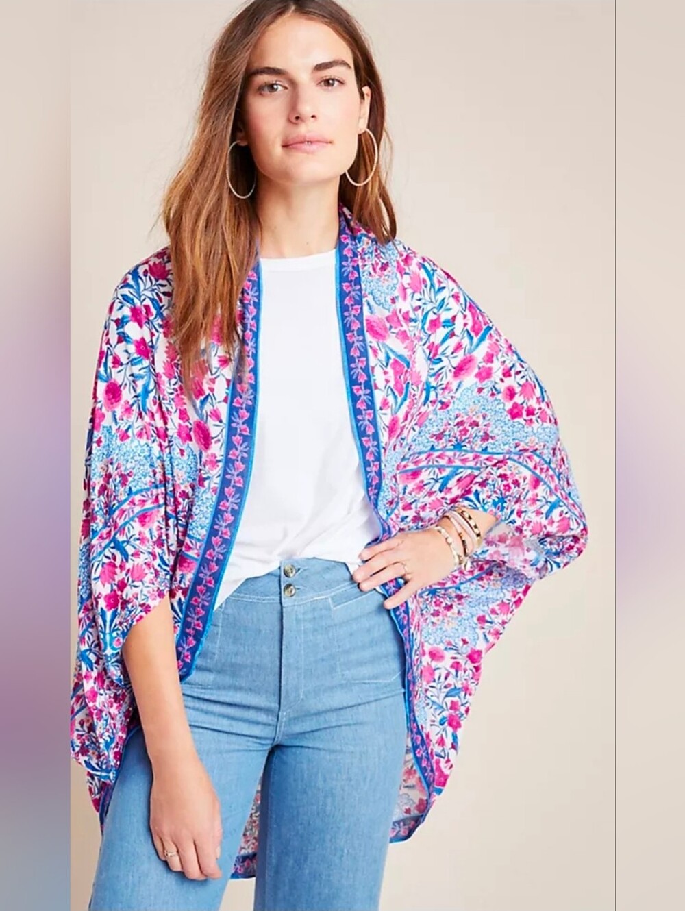 Anthropologie Kachel Floral Open Kimono in Blue and Pink OS